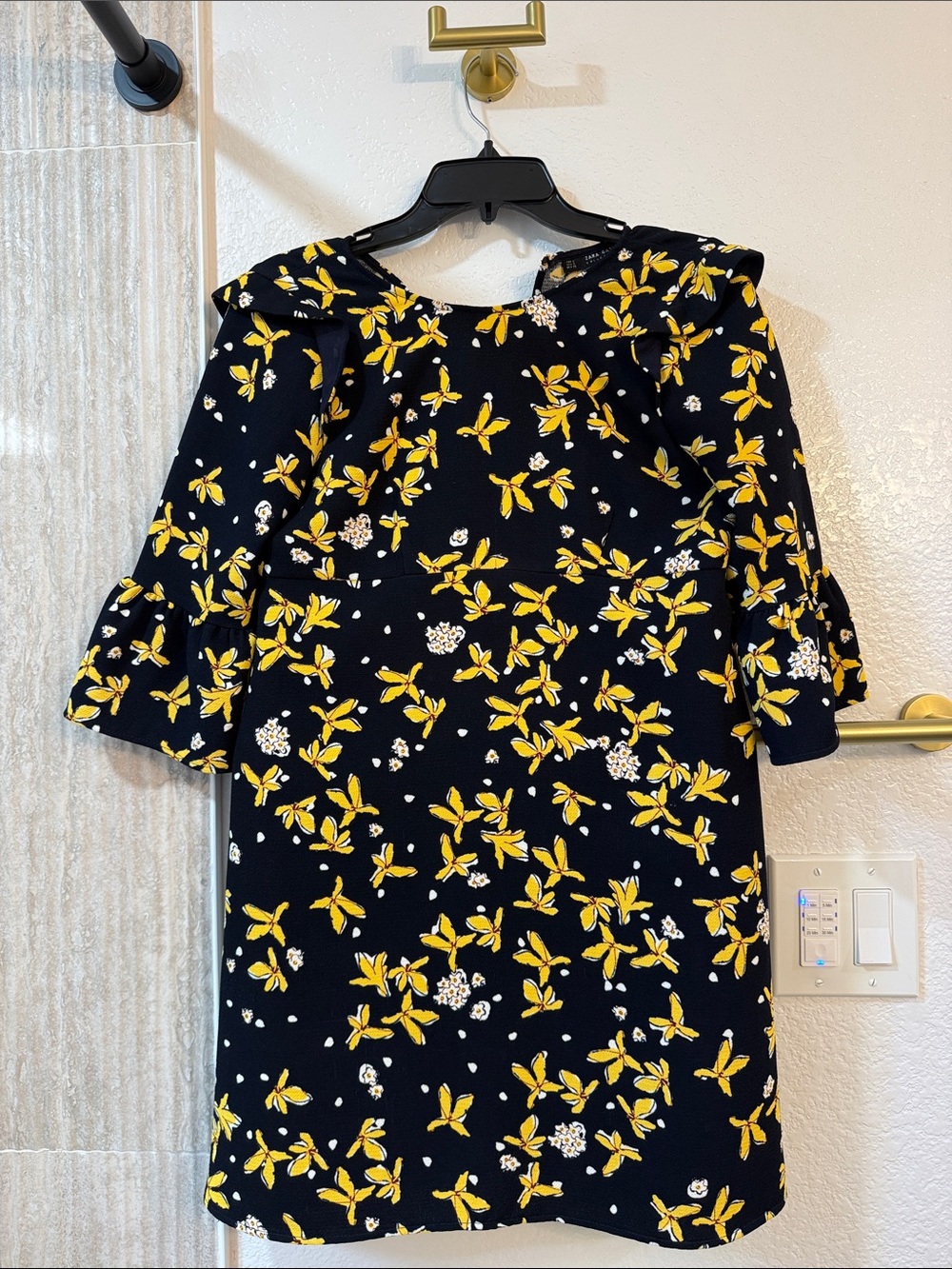Zara Black Mini Dress with Yellow Floral Print
